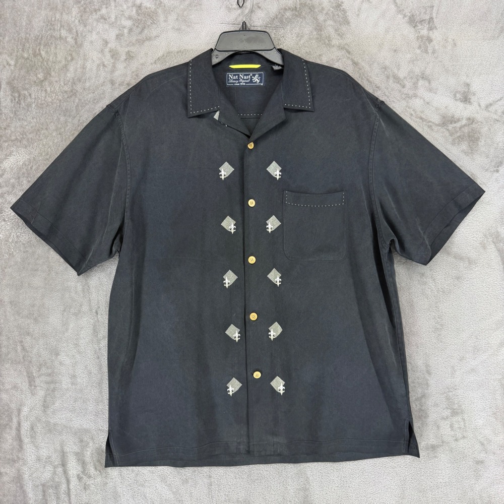 Nat Nast Shirt Mens L KS15X32 Black Fleur-de-lis Silk Embroidered Camp EUC